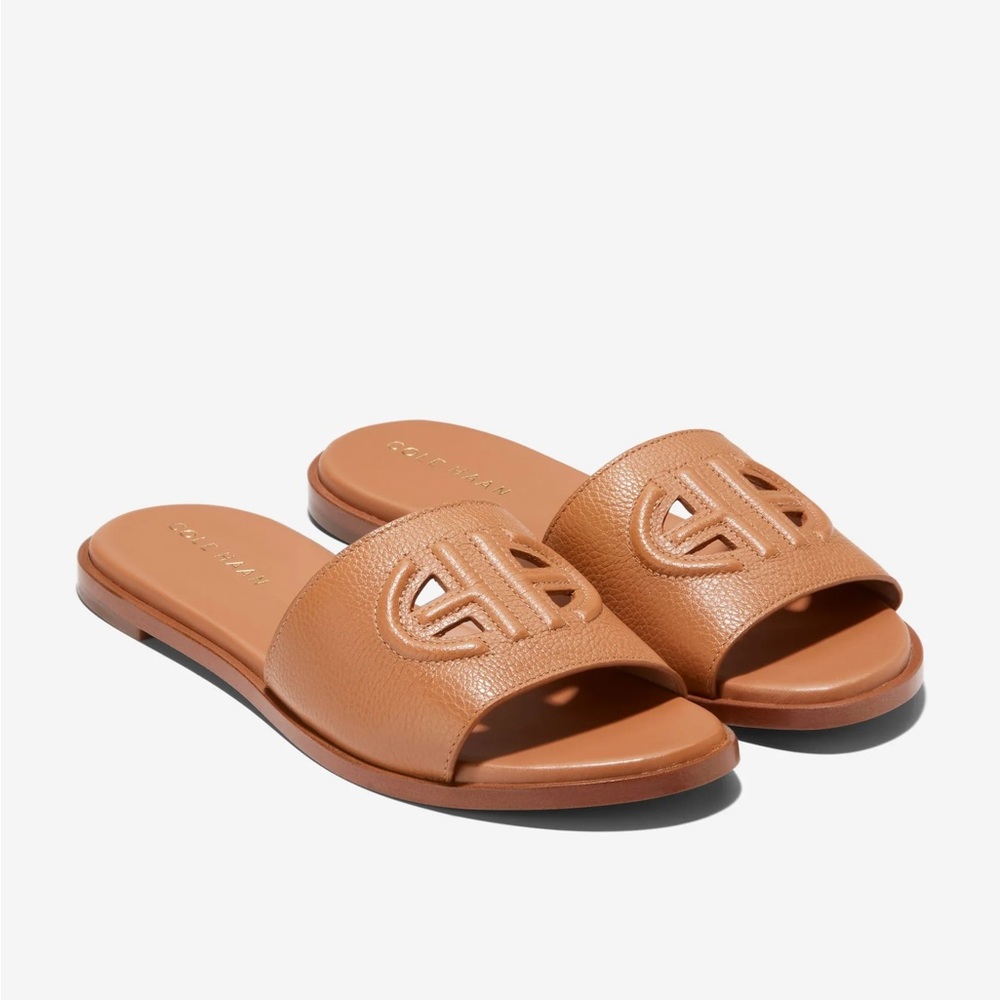 Cole Haan Flynn Logo Leather Flat Sandals Size 6.5 Summer Tan Slides